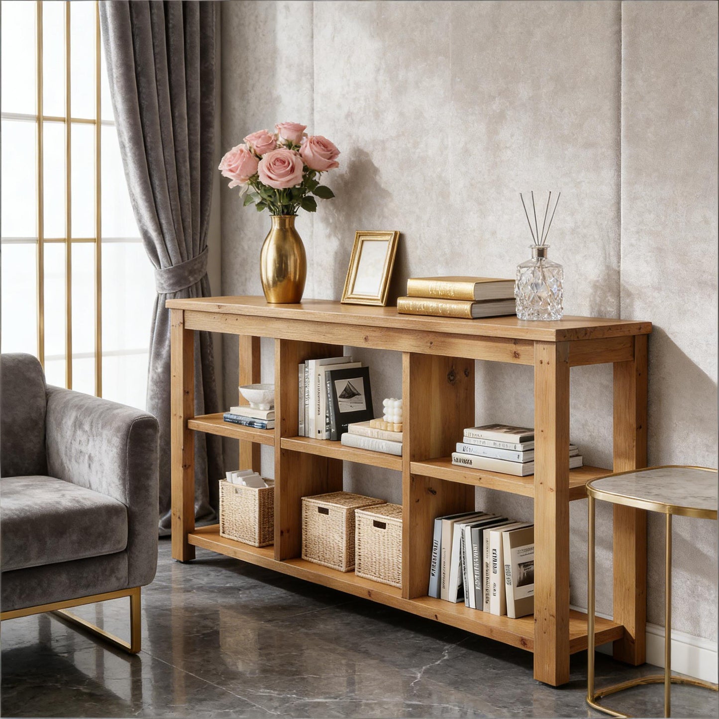 Modern Solid Wood Console Table with Adjustable Shelves - Brown