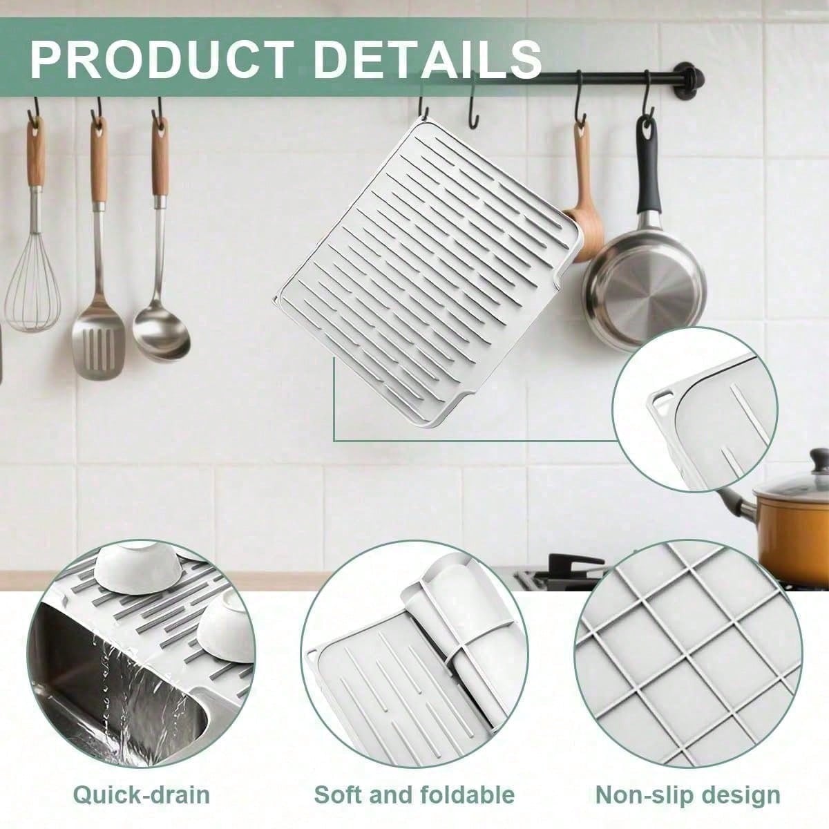 Non Slip Large Silicone Dish Draining Mat, Heat Resistant Sink Liner