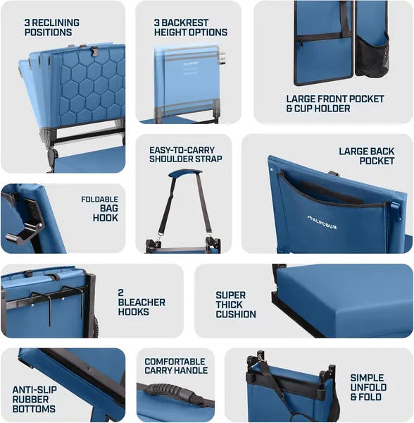 Folding Reclining Stadium Seat with Back Support - Navy Blue, 21" Wide