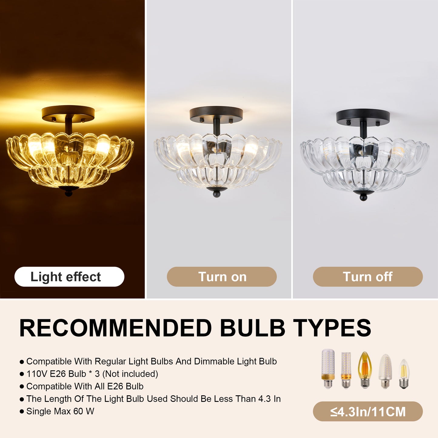 3-Bulb Semi Flush Mount Ceiling Light with Floral Glass Shades - Smoky Gray & Clear Variants