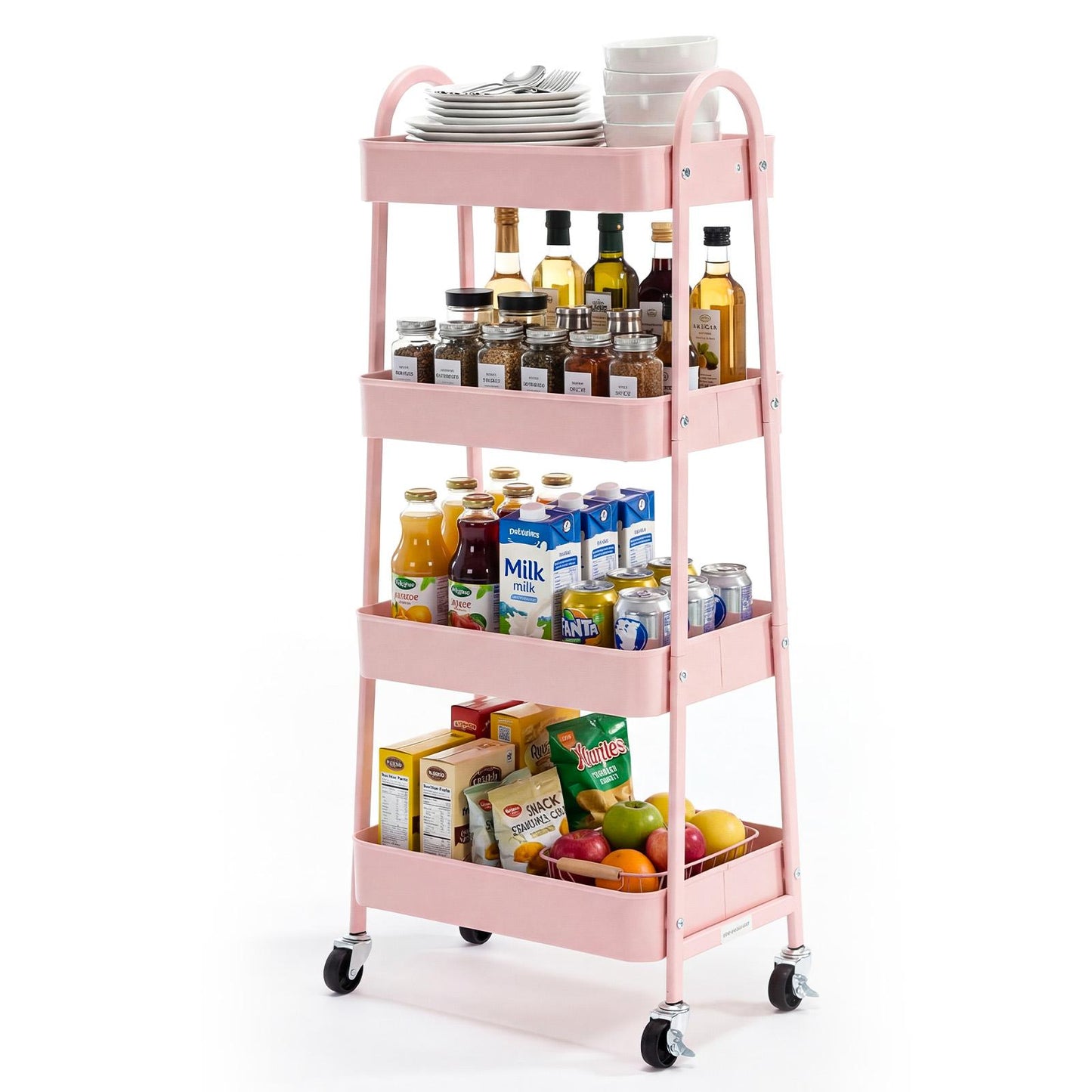 Four-Layer Metal Mobile Trolley with Lockable Casters