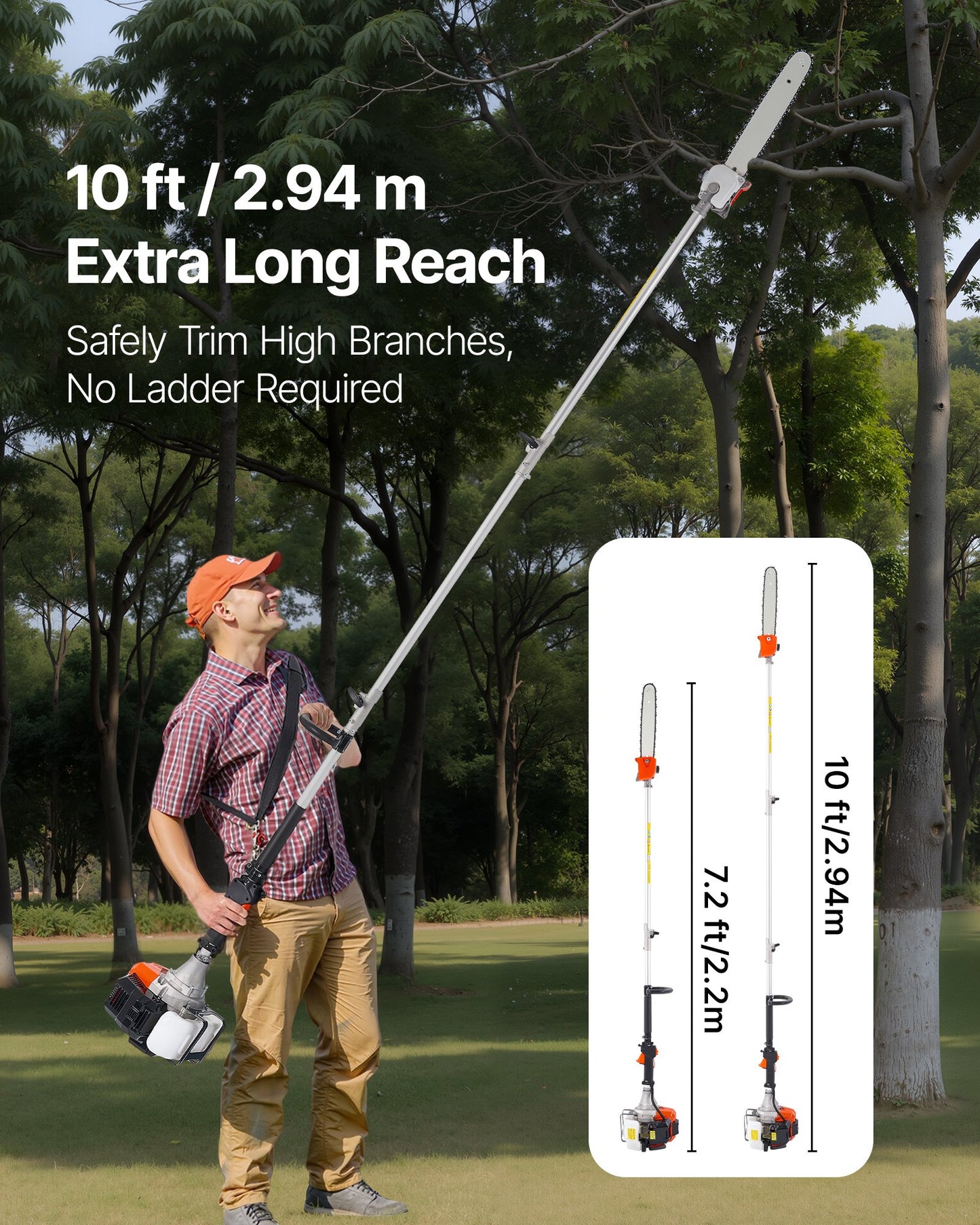 Gas Pole Saw 52CC 2-Stroke Extendable Tree Trimmer with 14in Bar