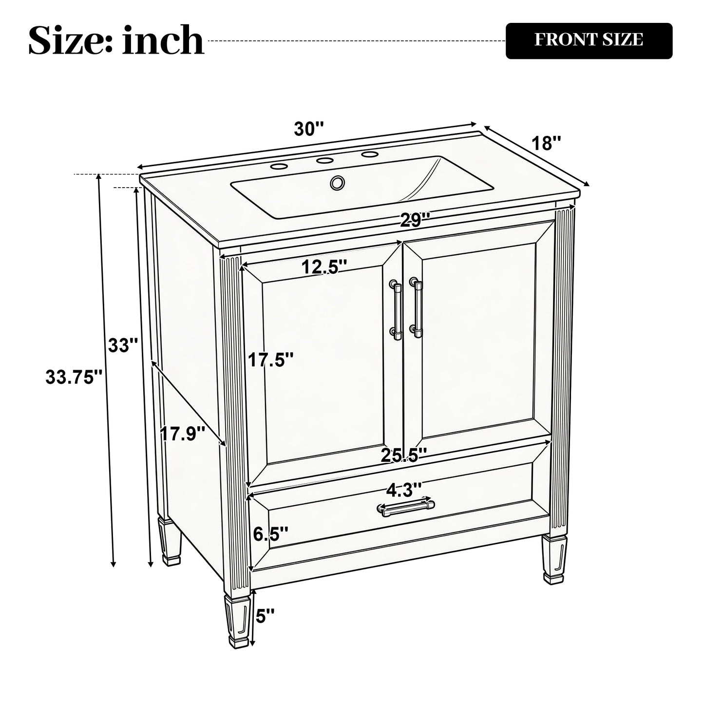 30-Inch Elegant Fluted Bathroom Vanity with Ceramic Sink - Black