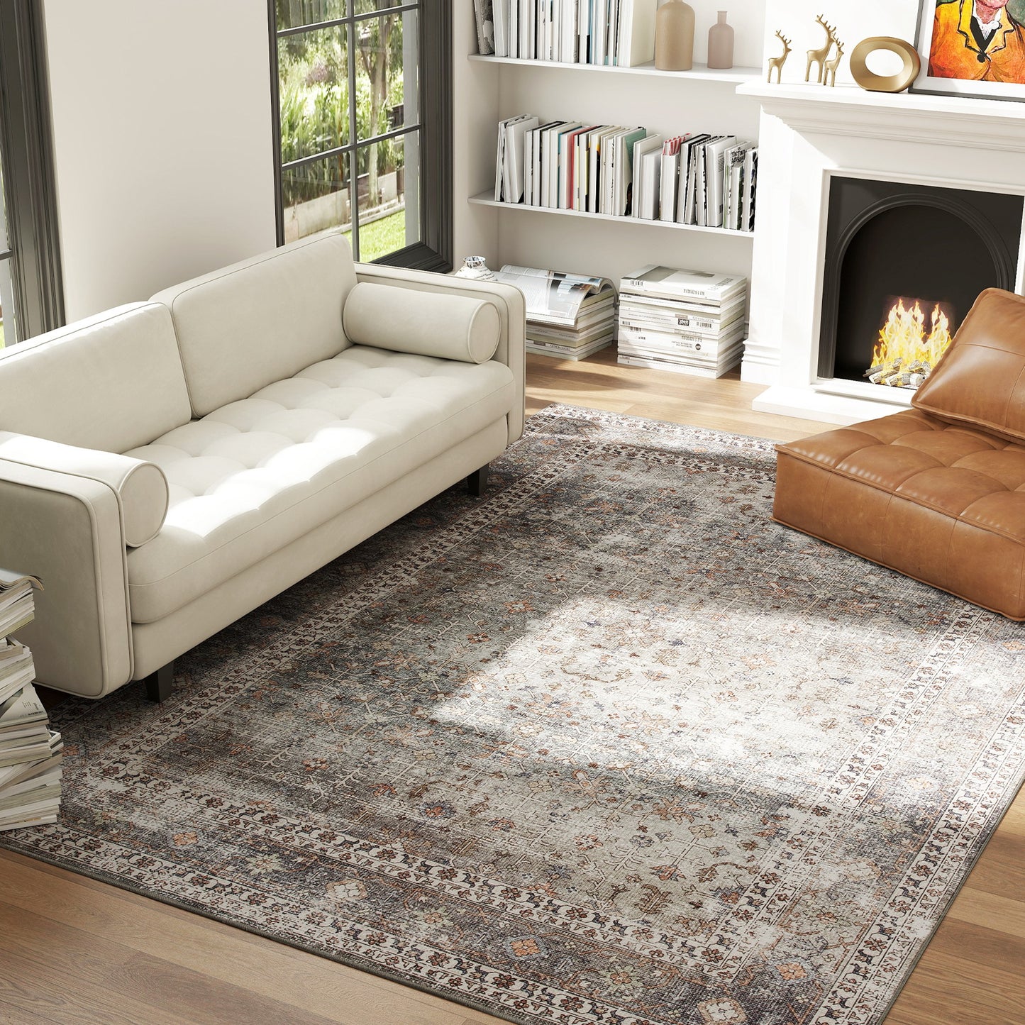 Machine Washable Area Rug 8x10 - Dark Mixed-Brown Traditional Design