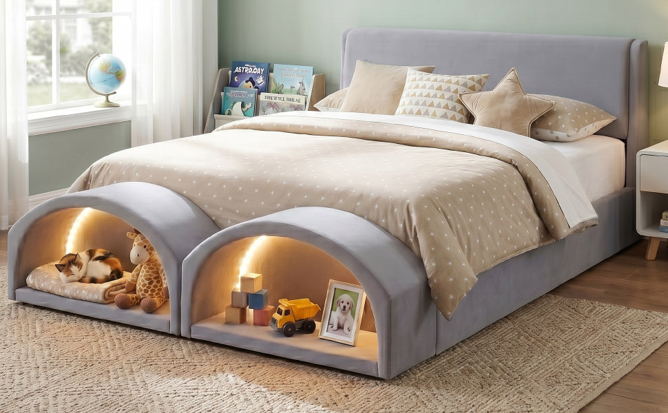 Queen Size Upholstered Platform Bed Frame with Dual Cat Caves & LED Pet Nests - Gray