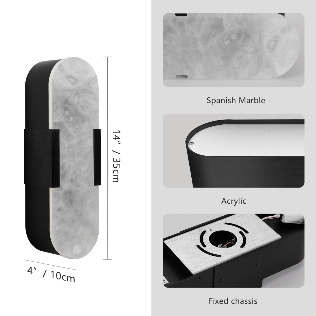 Black Marble Wall Sconce Set of 2 - Modern Snowflake Gypsum Lighting