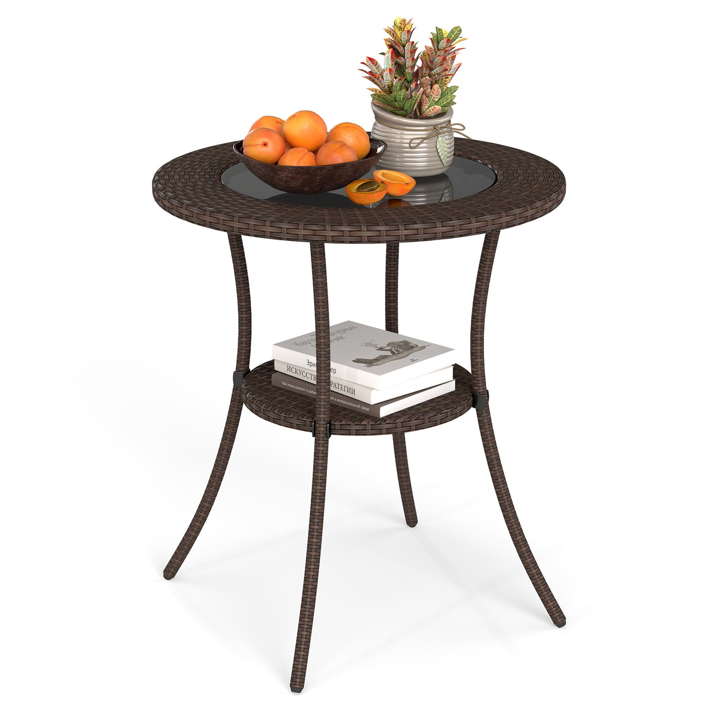 Round PE Wicker Bistro Table with Tempered Glass Top & Shelf