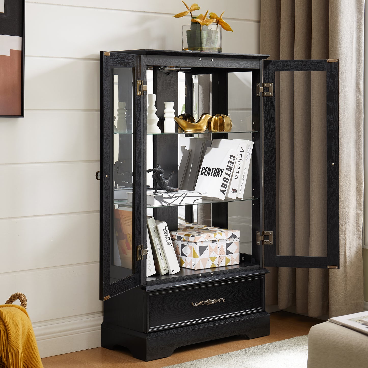 Lighted Glass Curio Cabinet With Adjustable Shelves - Elegant 2-Door