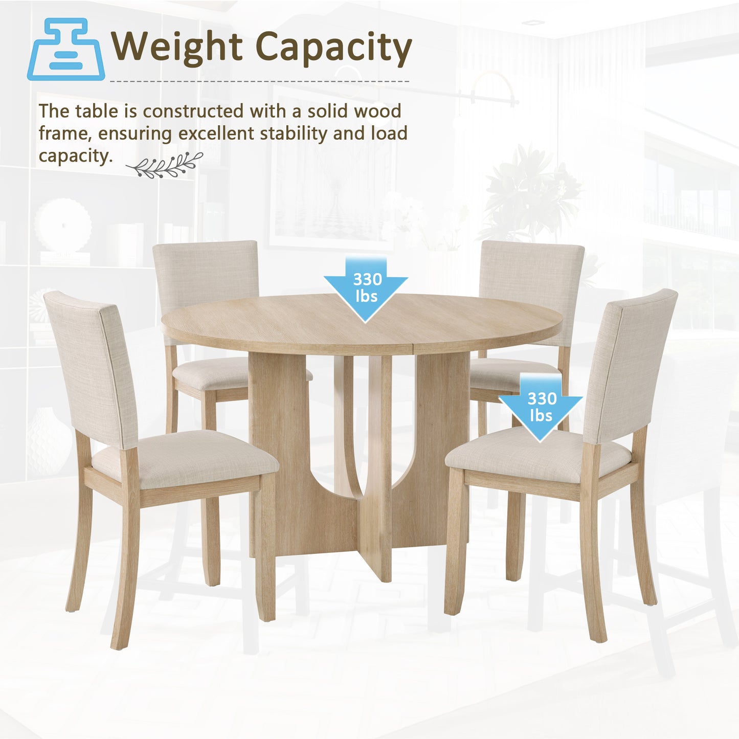 47.3" Round Dining Set with 4 Upholstered Chairs - Light Oak & Beige