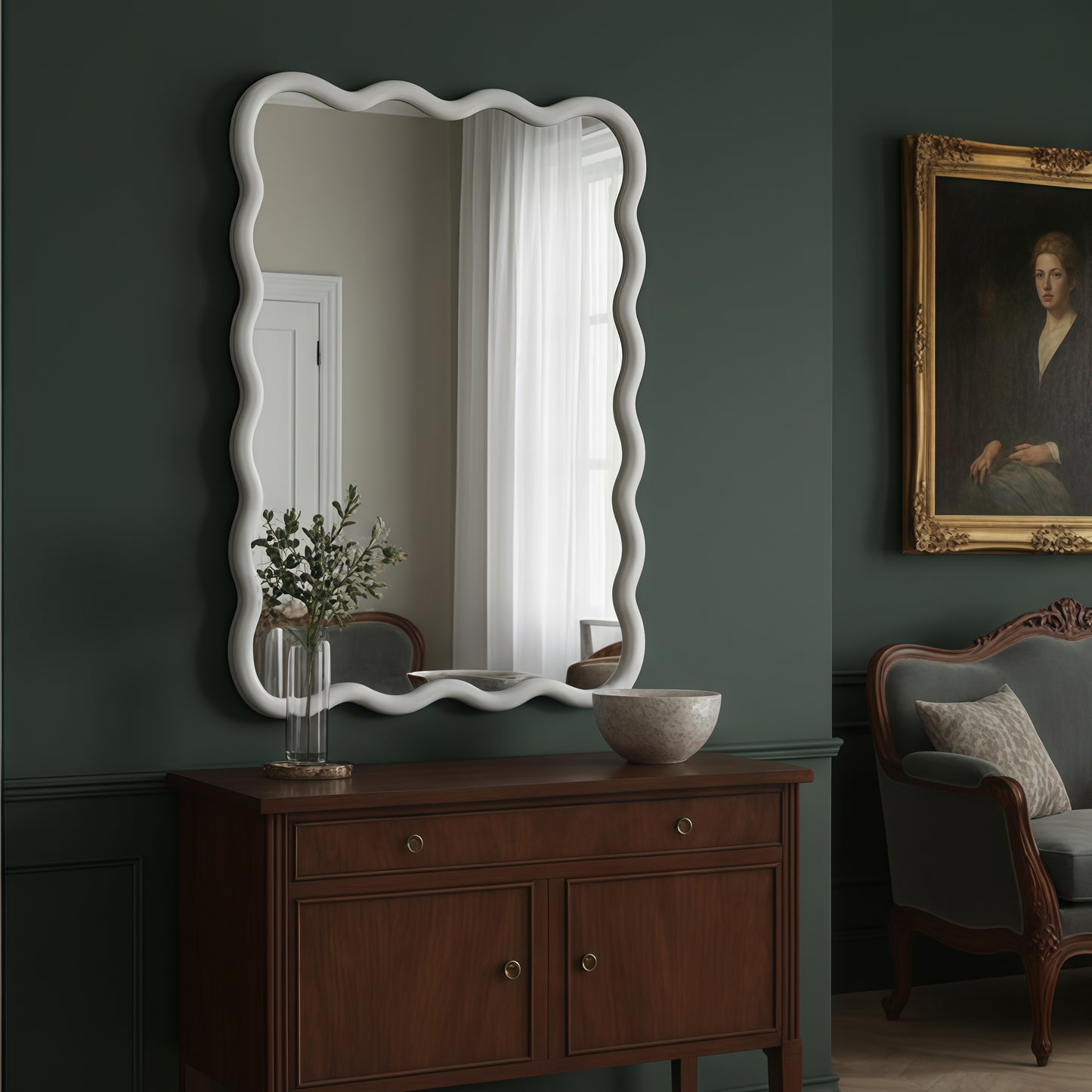 30x40 Wavy Rectangle Solid Wood Frame Decorative Mirror - White