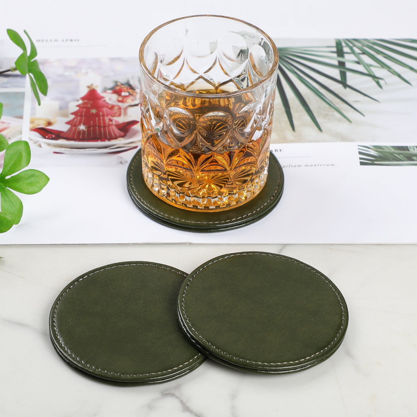 Leather Coaster Set - Heat-Insulating Brown Leather 6-Piece Round Coasters