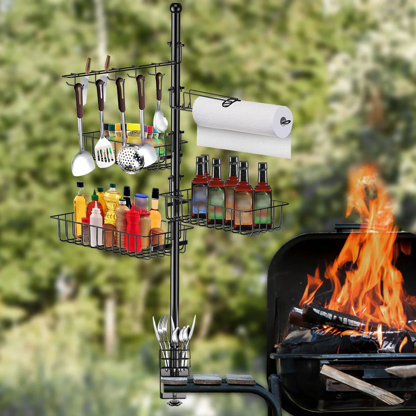 Vertical BBQ Utensil Caddy with Paper Towel Holder - Black