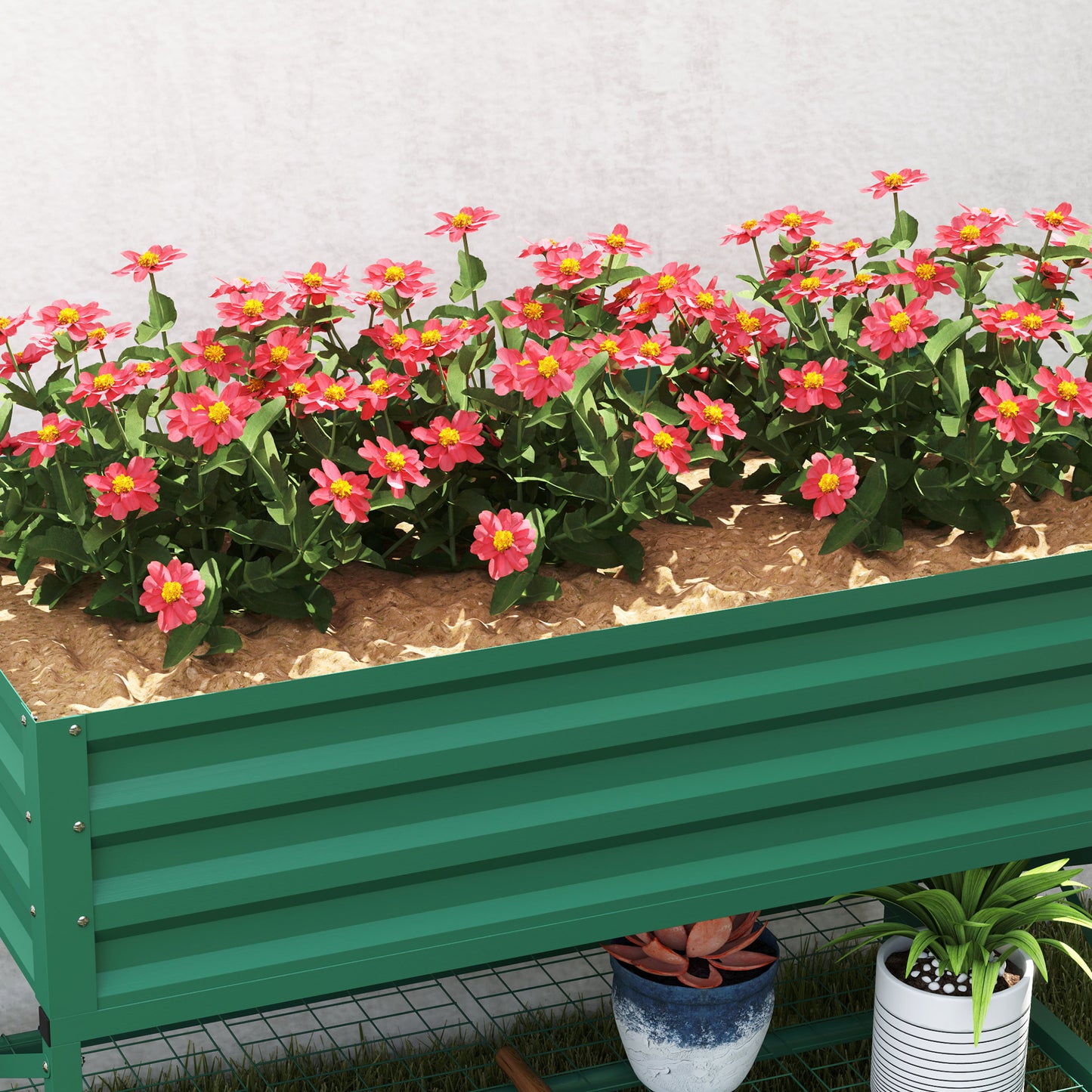 Galvanized Metal Raised Garden Bed with Legs and Storage Shelf - Green, 1180x360x95mm