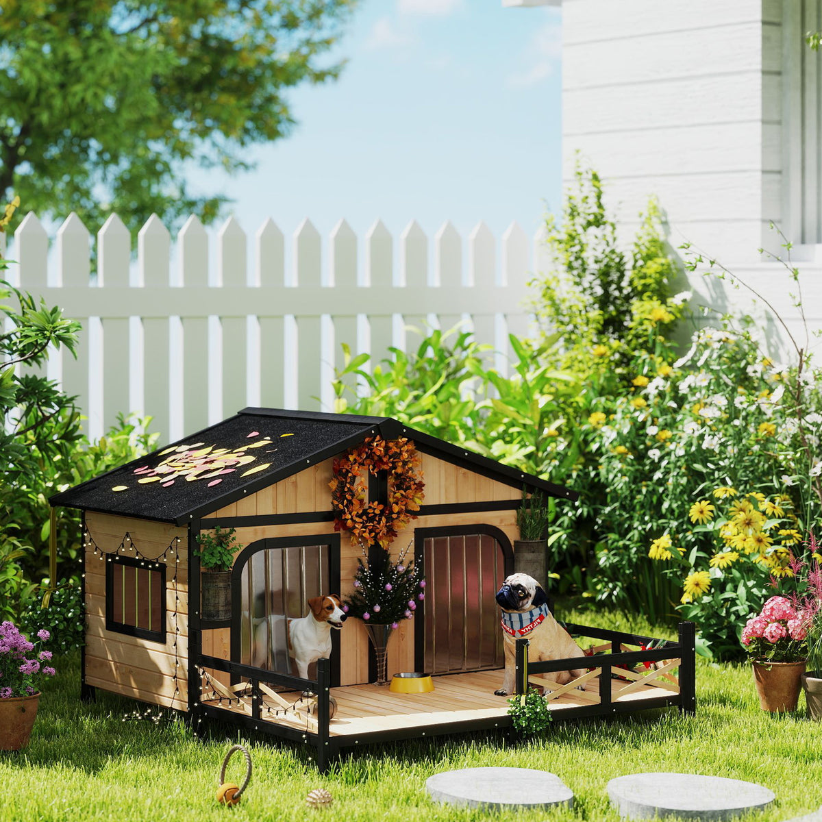 Outdoor Wooden Dog House with Porch & Removable Roof - Natural Finish