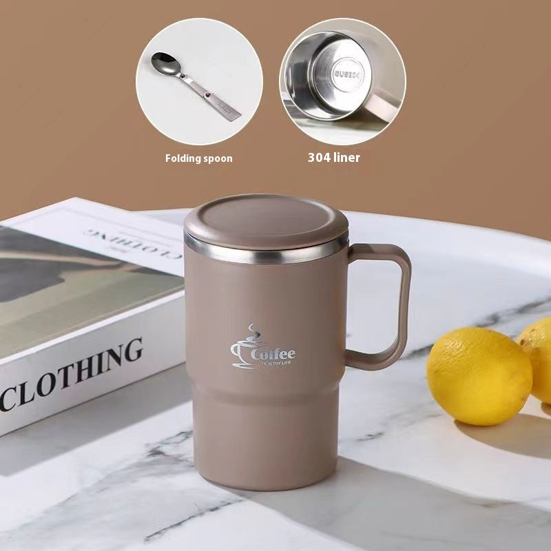 Stainless Steel Mug Cup with Cover and Folding Spoon - Ins Style