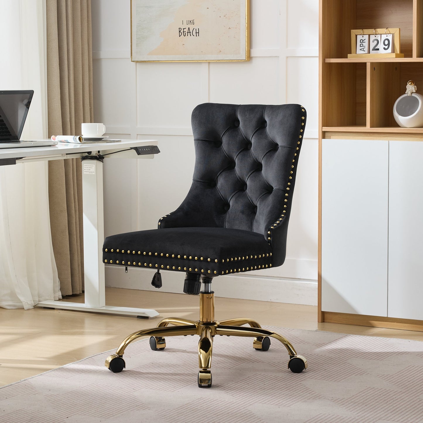 Modern Velvet Upholstered Office Chair with Golden Base - Black