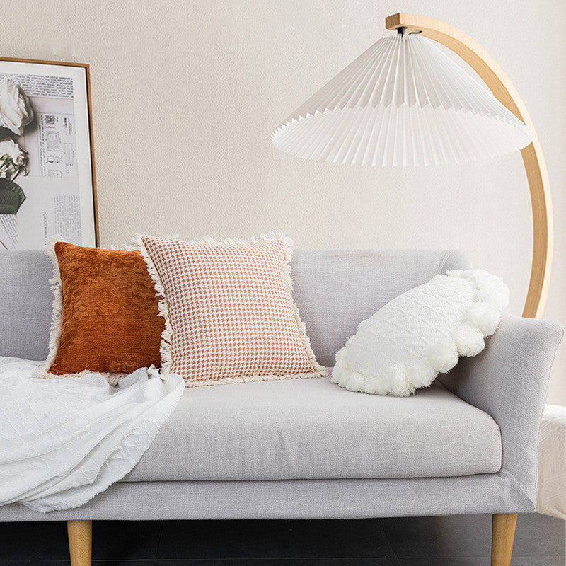 Decorative Tassel Lace Pillow Cover - Modern Houndstooth & Orange Cushion Case