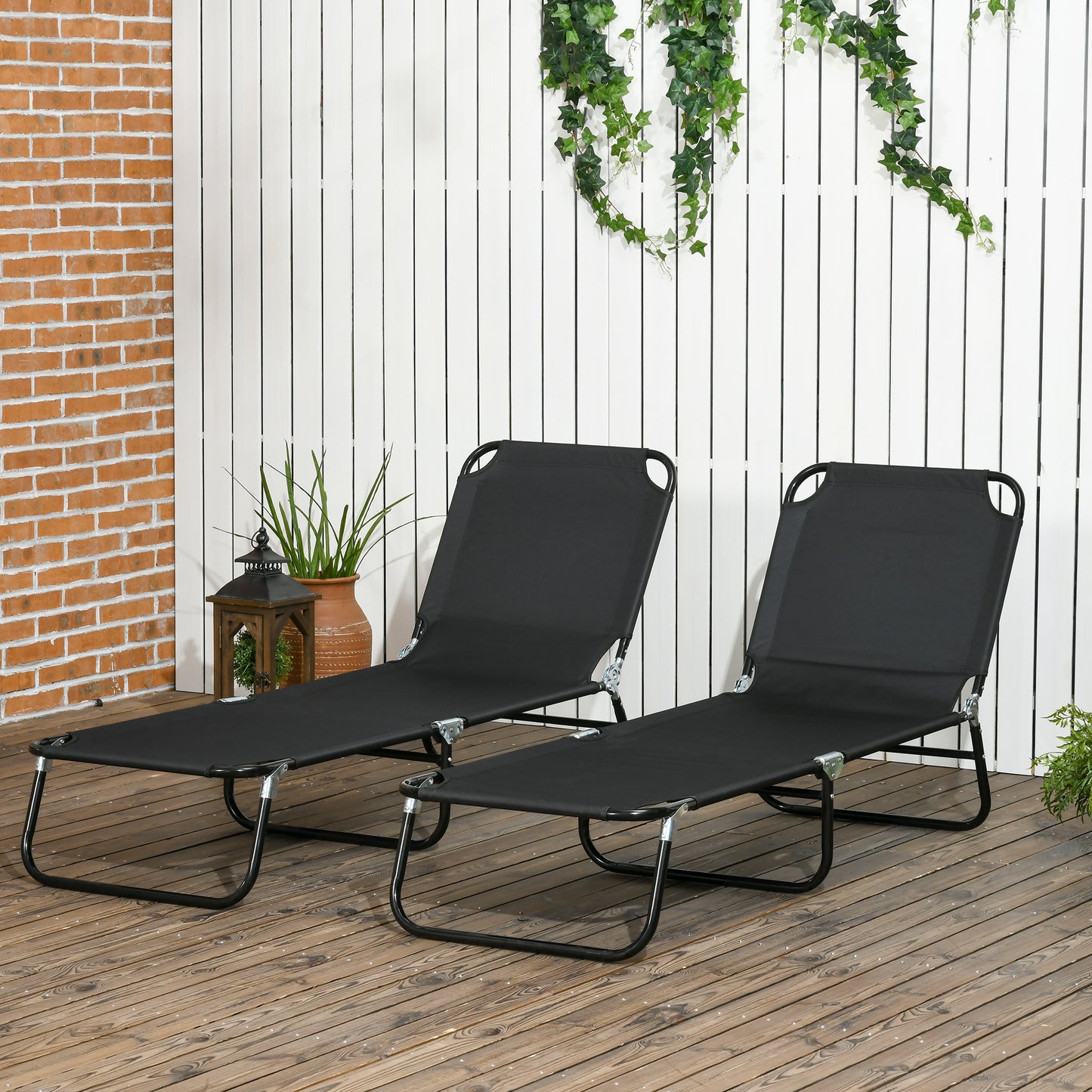 2 Piece Folding Chaise Lounge Pool Chairs - Black