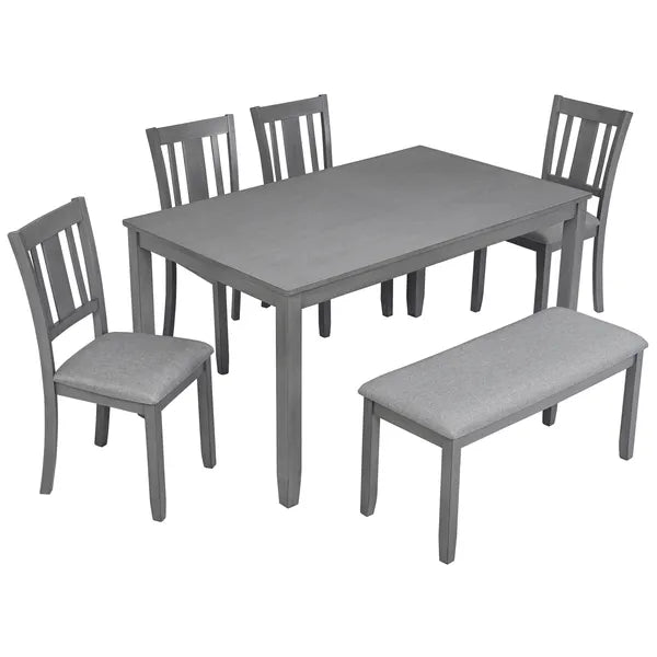 6-Piece Wooden Dining Set with Rectangular Table, 4 Chairs & Bench - Gray