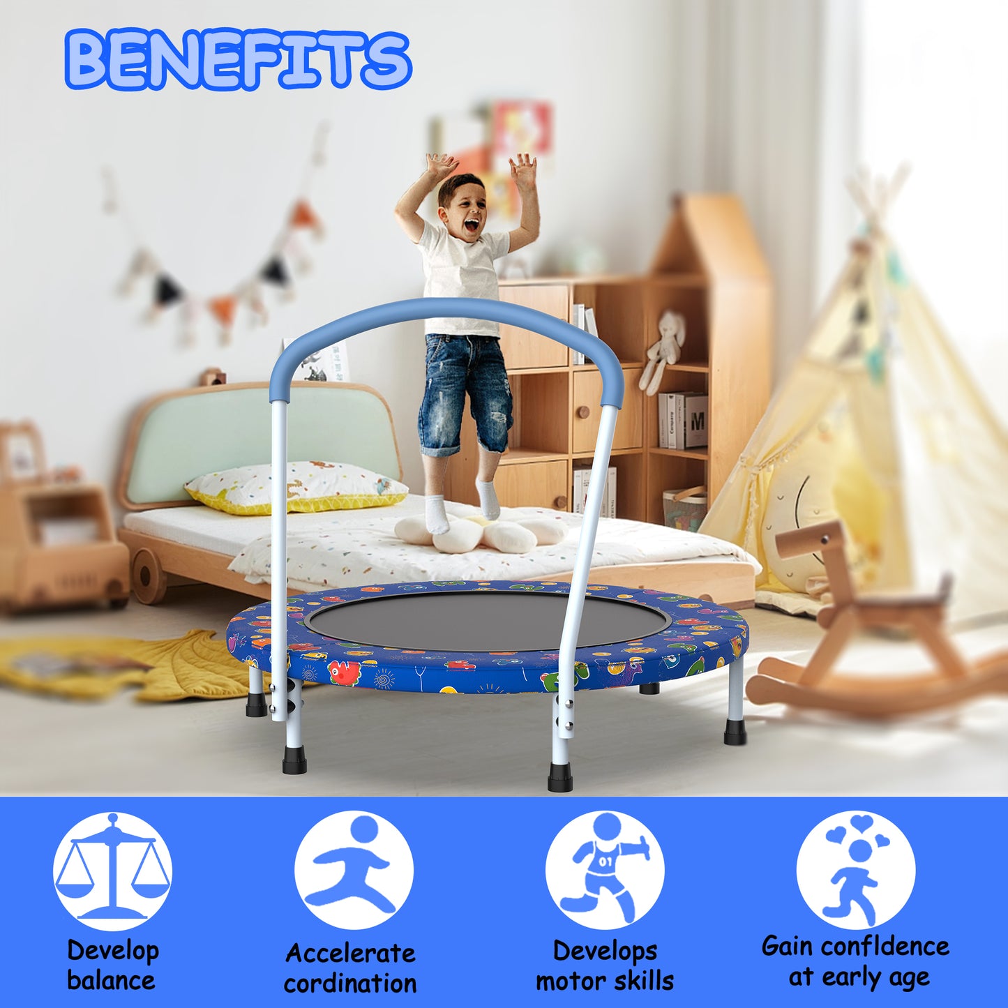 36-Inch Mini Trampoline for Kids 1-6 with Handle - Blue Multi