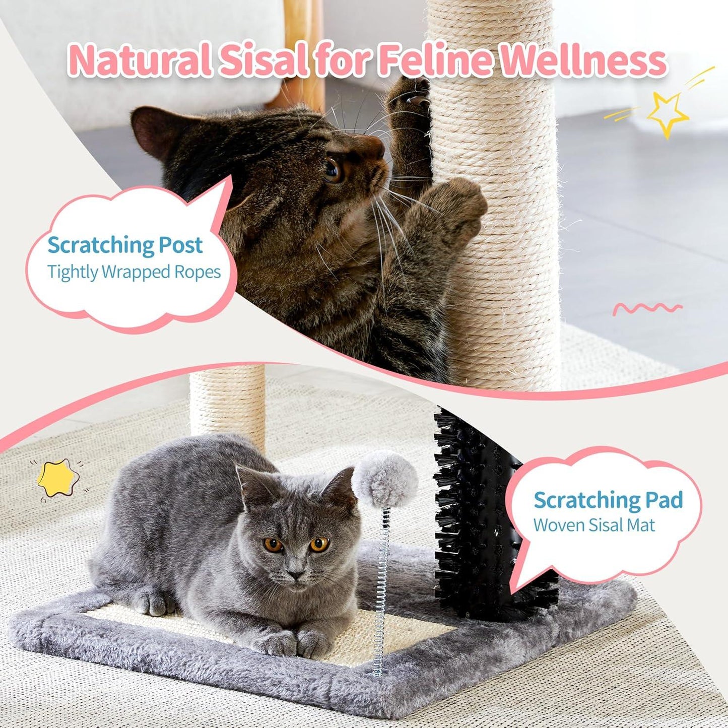 Small 4-in-1 Cat Tree Tower with Self-Grooming Brush & Sisalg Scratching Post - Grey