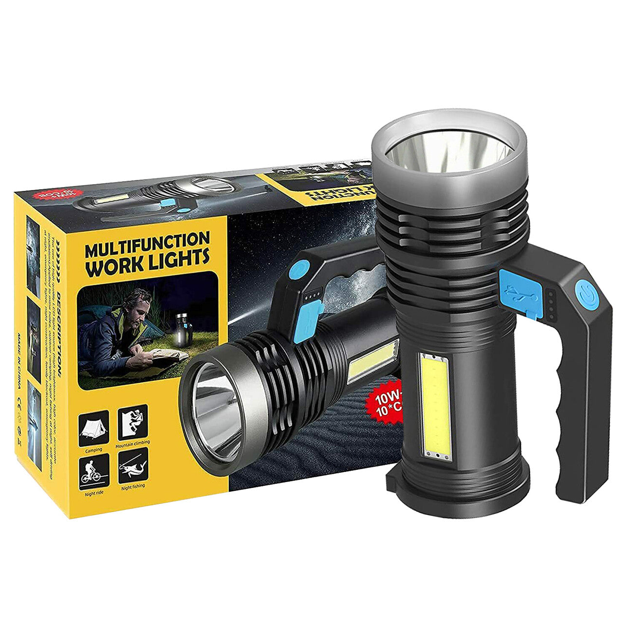 Rechargeable LED Flashlight USB COB Spotlight Waterproof Camping Lamp - Black