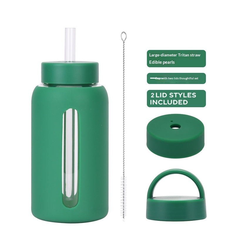 600ml Silicone Sleeve Glass Water Cup with Dual Lids - Heat-Resistant & Sipper-Friendly