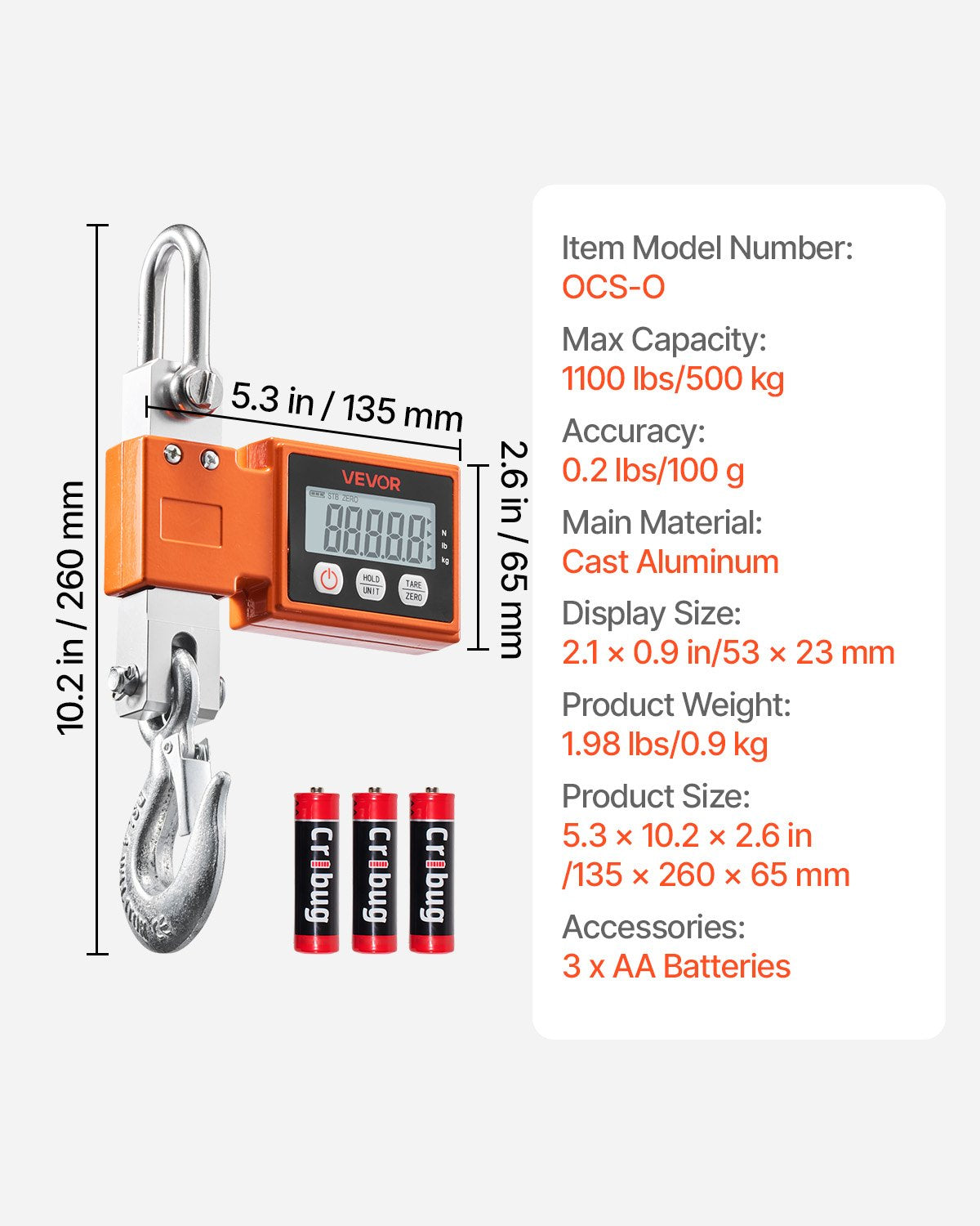 Heavy Duty Digital Crane Scale 1100 Lb / 500 Kg with LCD Display & Auto-Off