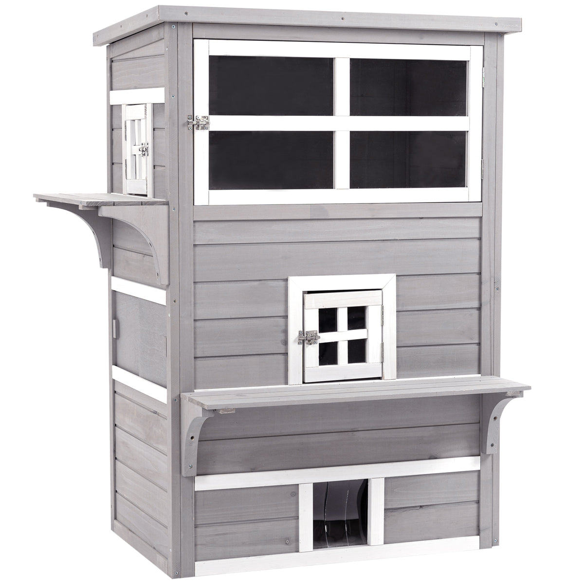 Outdoor Cat House 3-Tier Shelter with Escape Doors Weather Resistant Gray & White