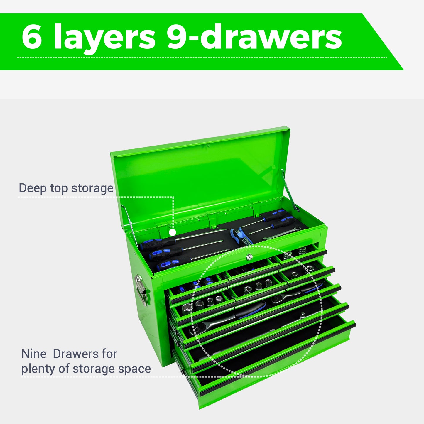 Heavy Duty Metal Tool Box 24 Inch with 9 Drawers - Portable Steel Organizer in Green