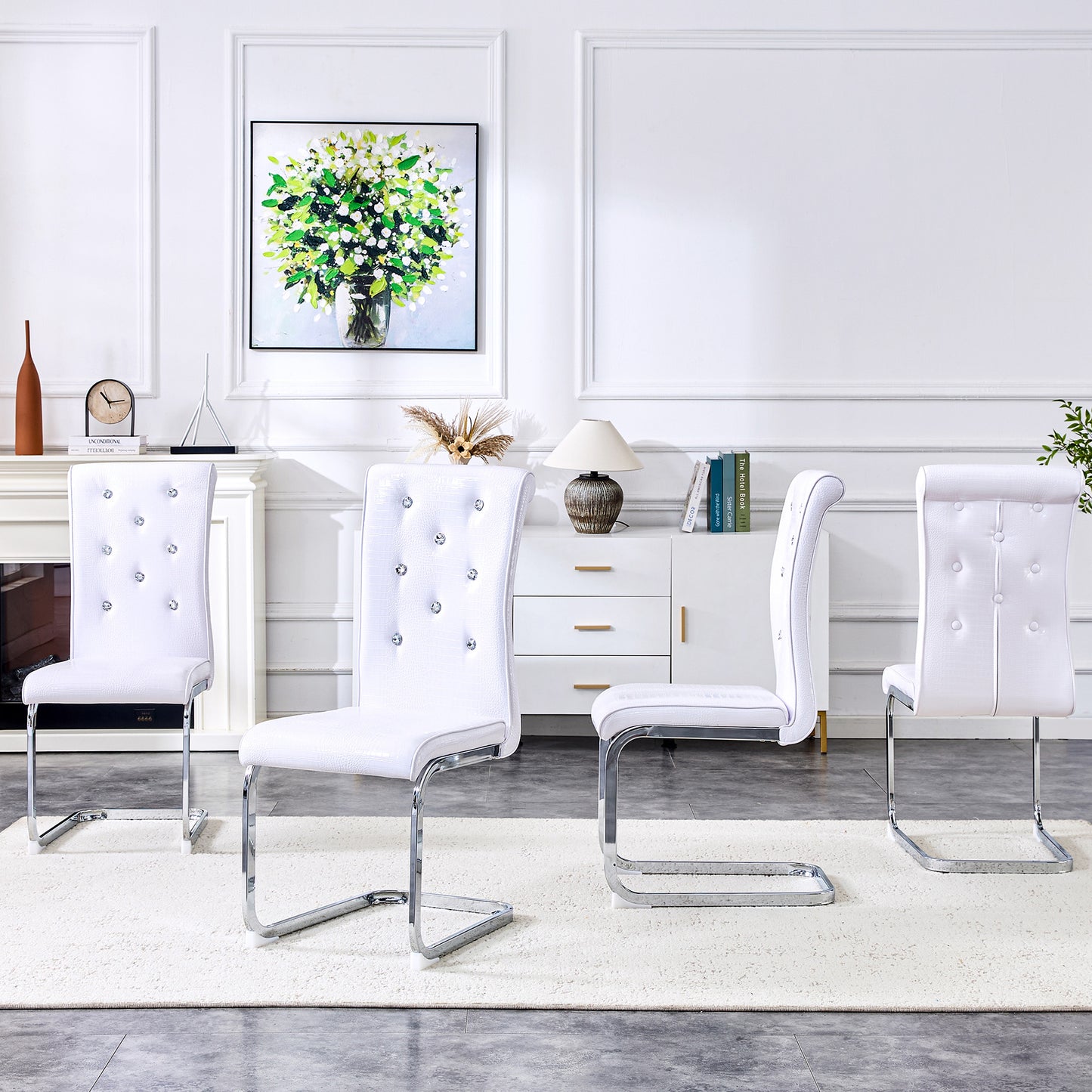 Set of 4 Retro Alligator Skin Dining Chairs - White with Crystal Buckle