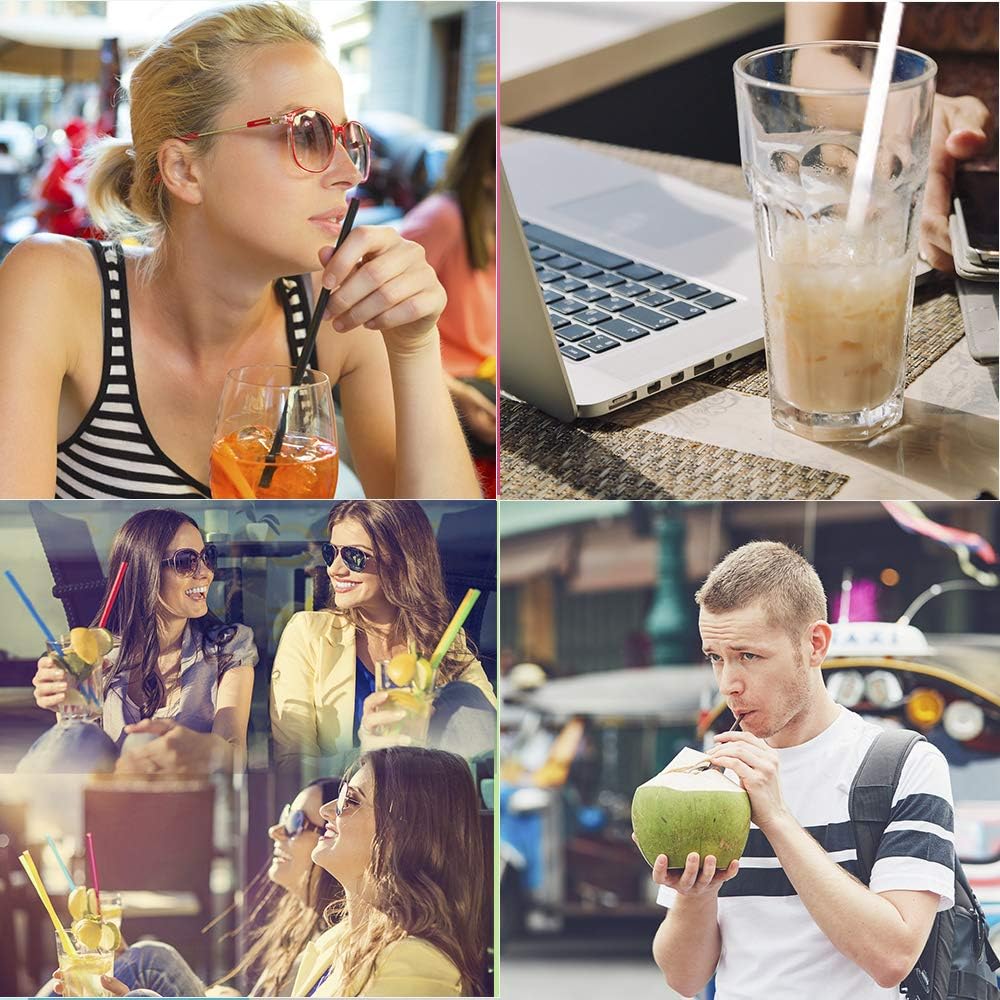 Reusable Transparent Plastic Drinking Straws - Set of 6 with Cleaning Brushes