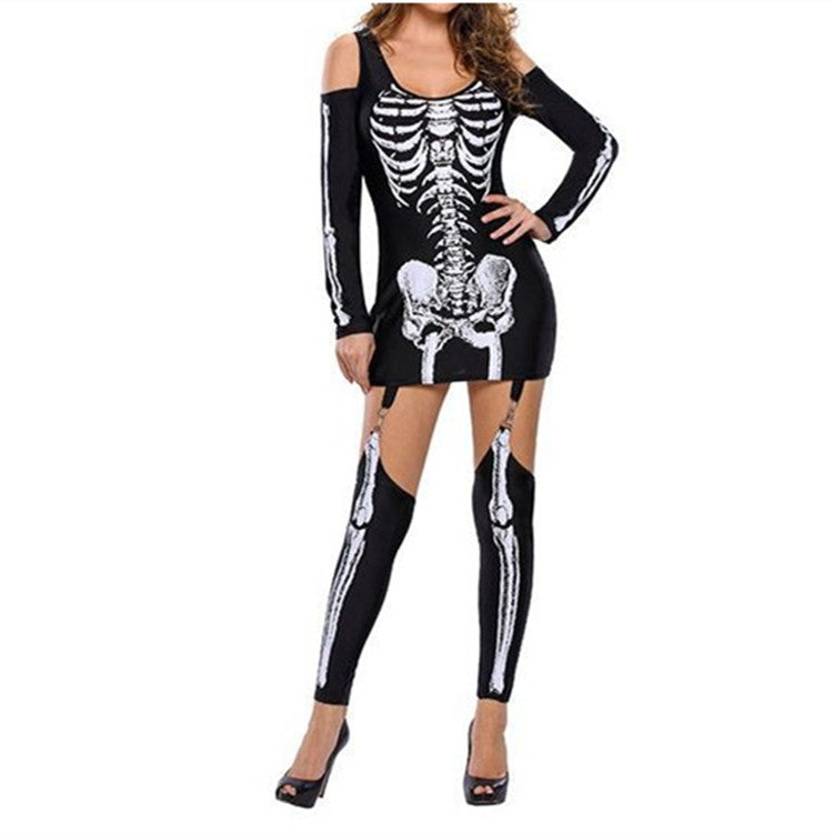 Skeleton Skeleton Printed Sexy Off-the-Shoulder Halloween Costume - Black, Multiple Sizes