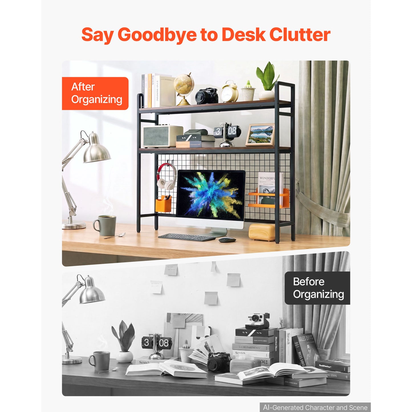 3-Tier Desktop Bookshelf with Metal Frame and Wooden Shelves - Black, Organizer for Dorm, Office, Home