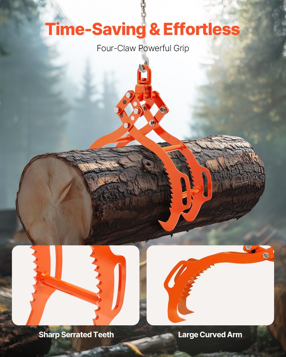 40in Log Lifting Tongs with 4 Claw Grip and Swivel Hook - Heavy Duty Steel
