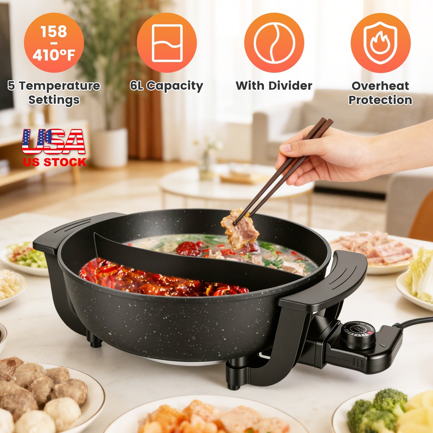 6L Electric Hot Pot with Divider, 1100W, 5-Temp Control, Non-Stick, Black