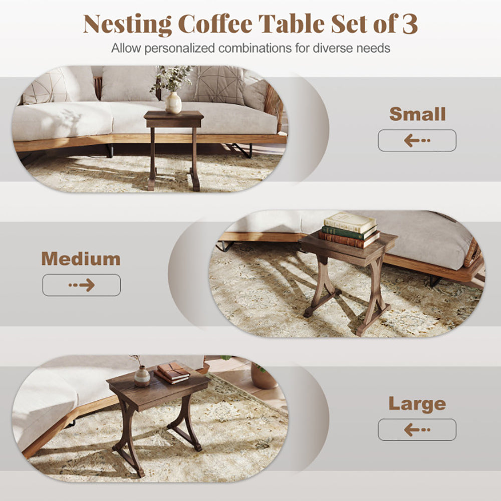 3 Pieces Nesting Coffee Table Side With Solid Rubber Wood Legs For