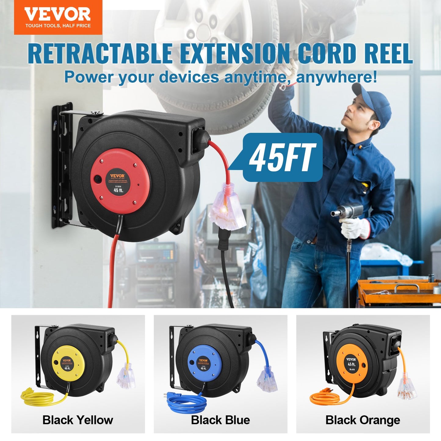 45FT Heavy Duty Retractable Extension Cord Reel with 3 Outlets, Water-Resistant Power Cord