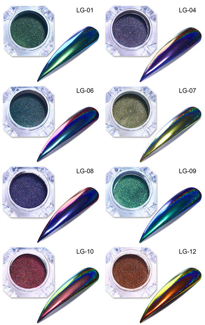 Mirror Effect Nail Art Powder Set - Rainbow Peacock Aurora Laser Finish