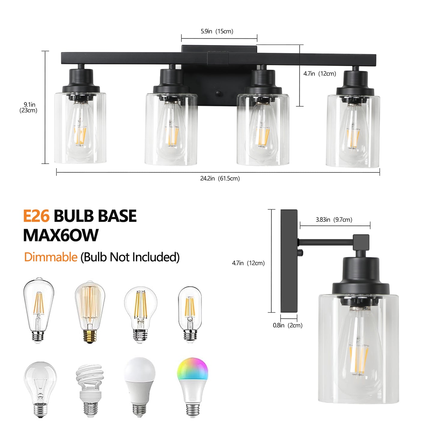 4-Light Black Bathroom Vanity Light Fixture with Glass Shades