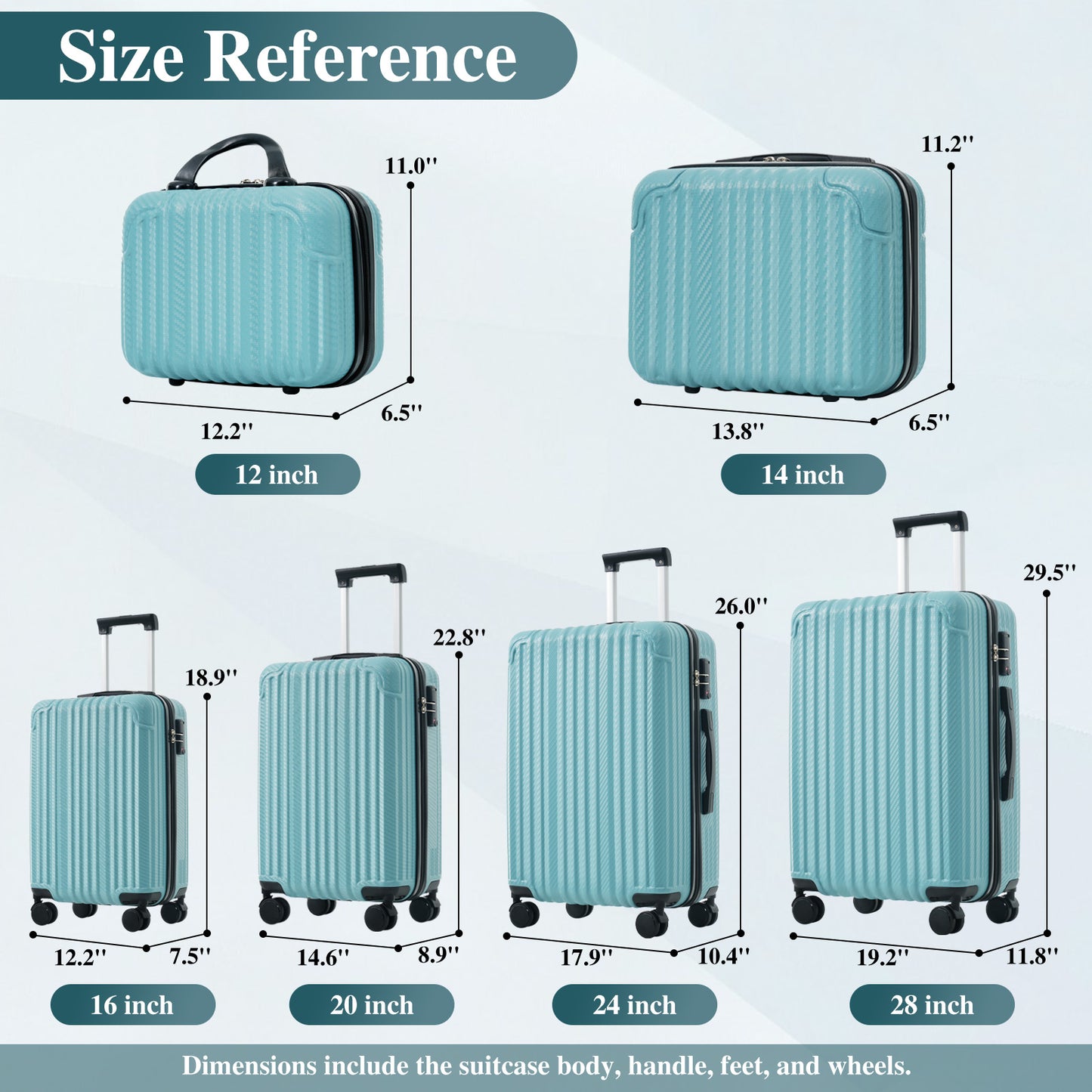 6-Piece Hardshell Luggage Set - Durable ABS Suitcases with Spinner Wheels - Ice Blue