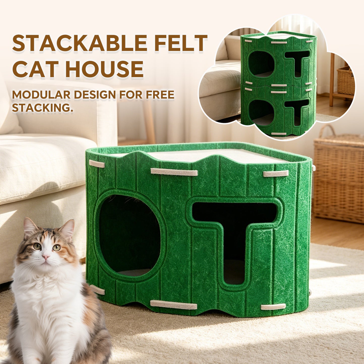 Modular Stackable Felt Cat House with Detachable Cave - Indoor Pet Shelter