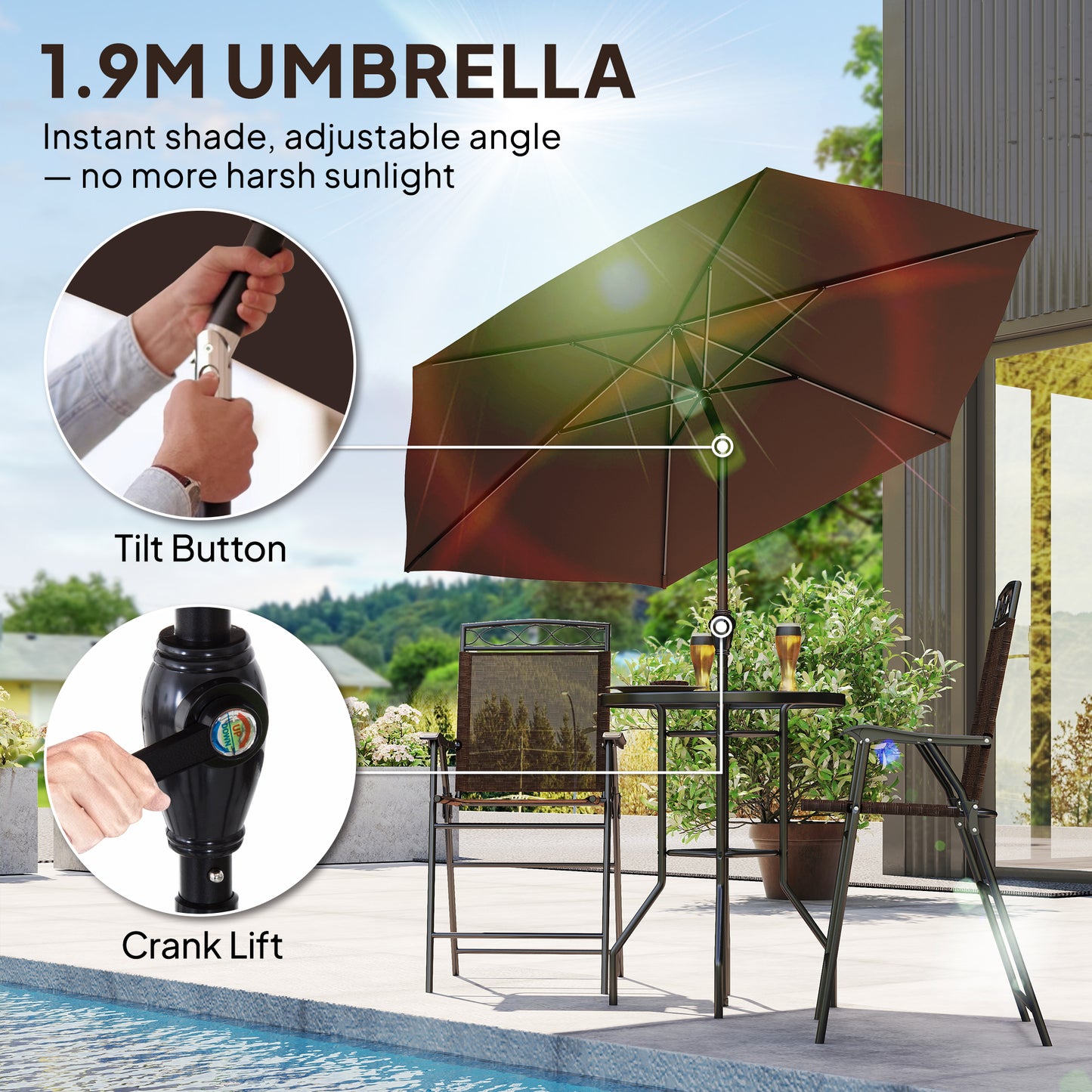 4-Piece Outdoor Bar Set with Umbrella and Folding Chairs - Brown