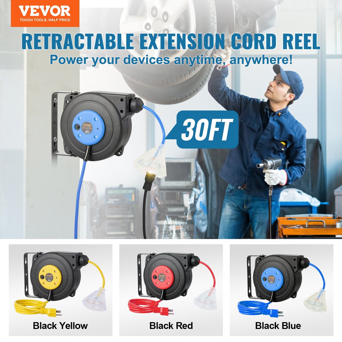 Retractable Extension Cord Reel 30FT Power Cord 16AWG Water-Resistant Garden Tool