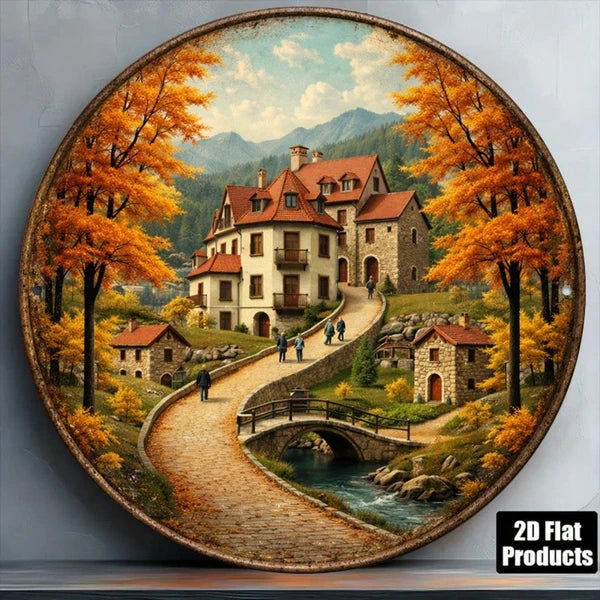 Vintage Autumn Town 2D Flat Round Sign - 8 Inch Rustic Plaque