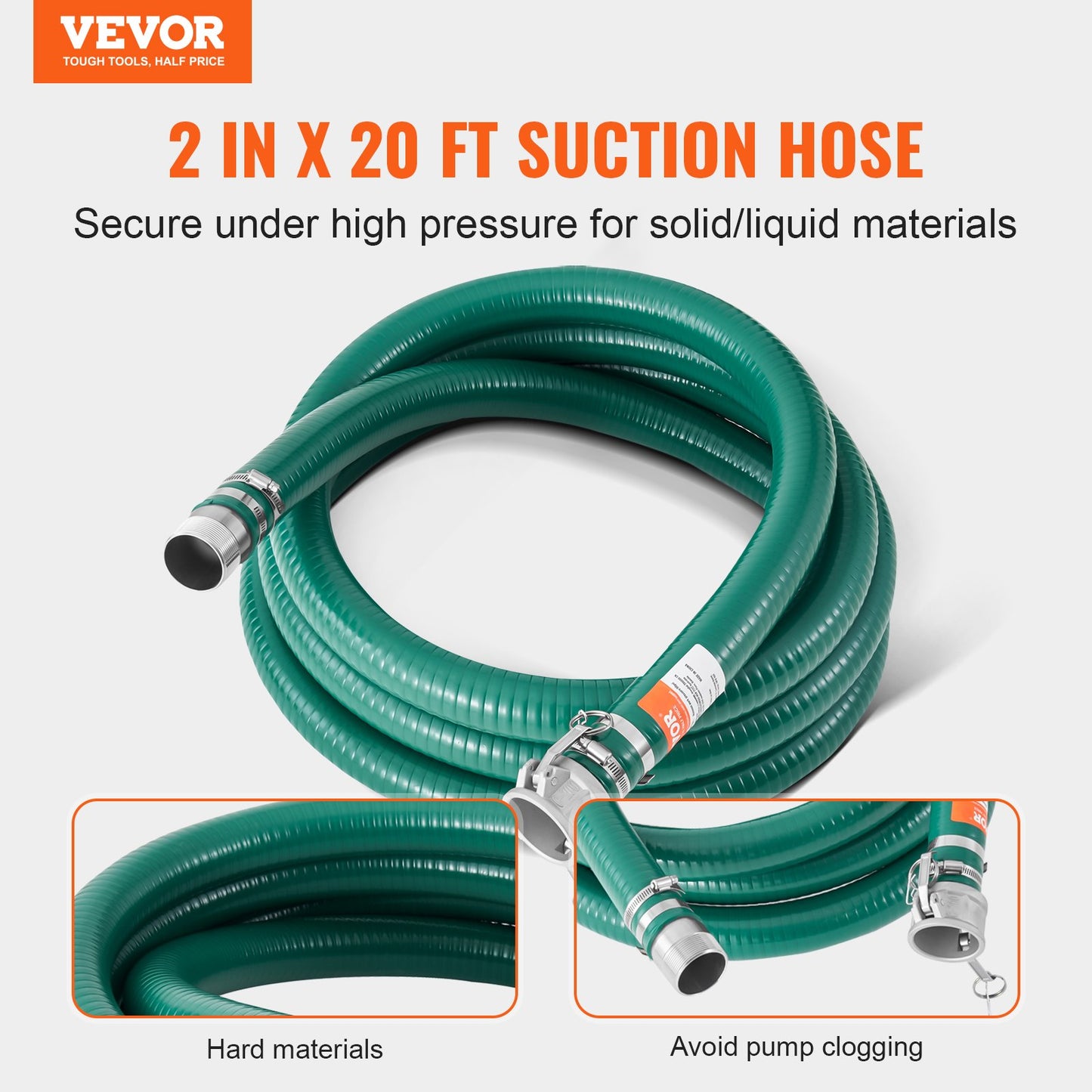 Green Suction Hose 2 Inch x 20 Feet with Fittings for Water and Liquid Transfer