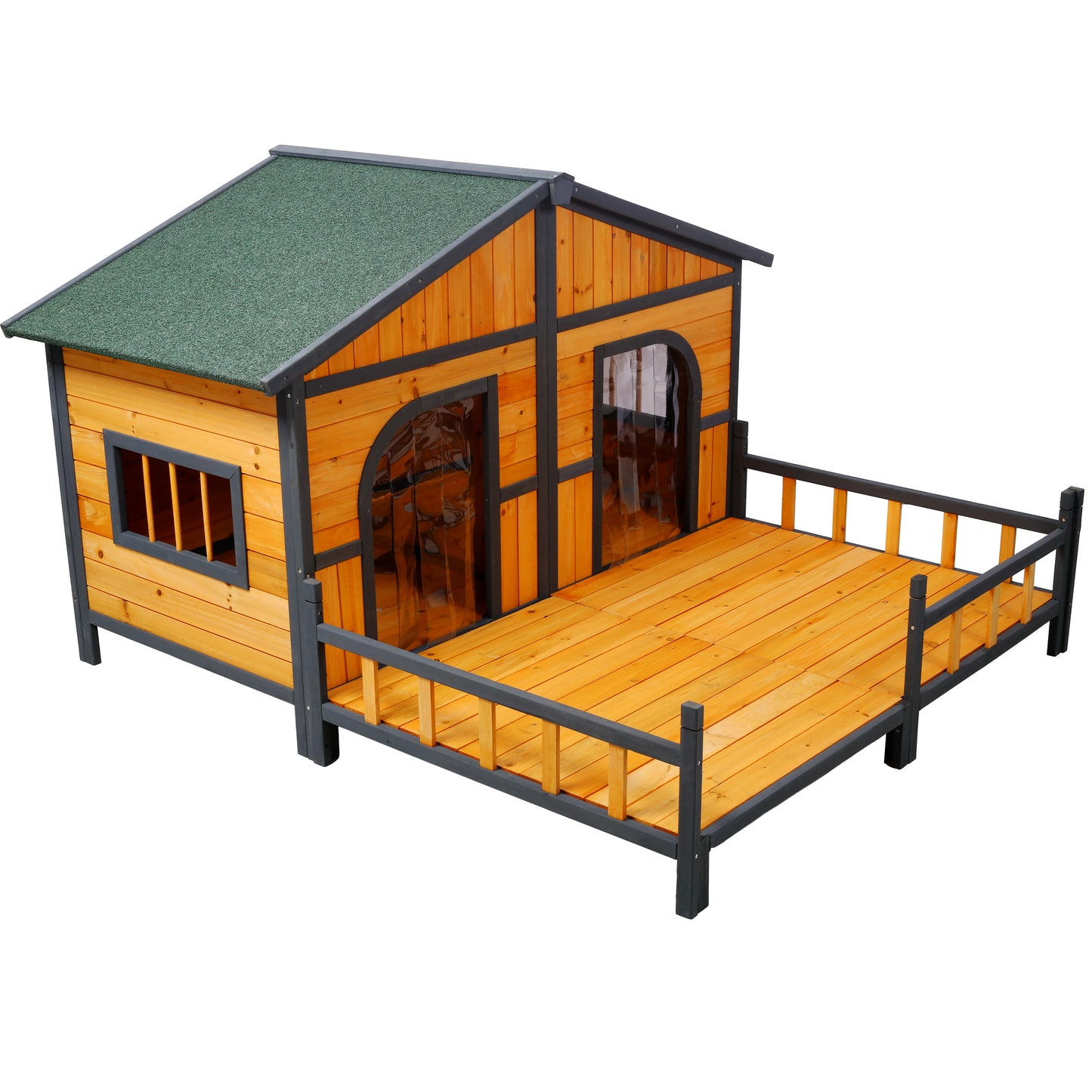 Large Wooden Dog House Outdoor Double Kennel with Porch & Elevated Floor