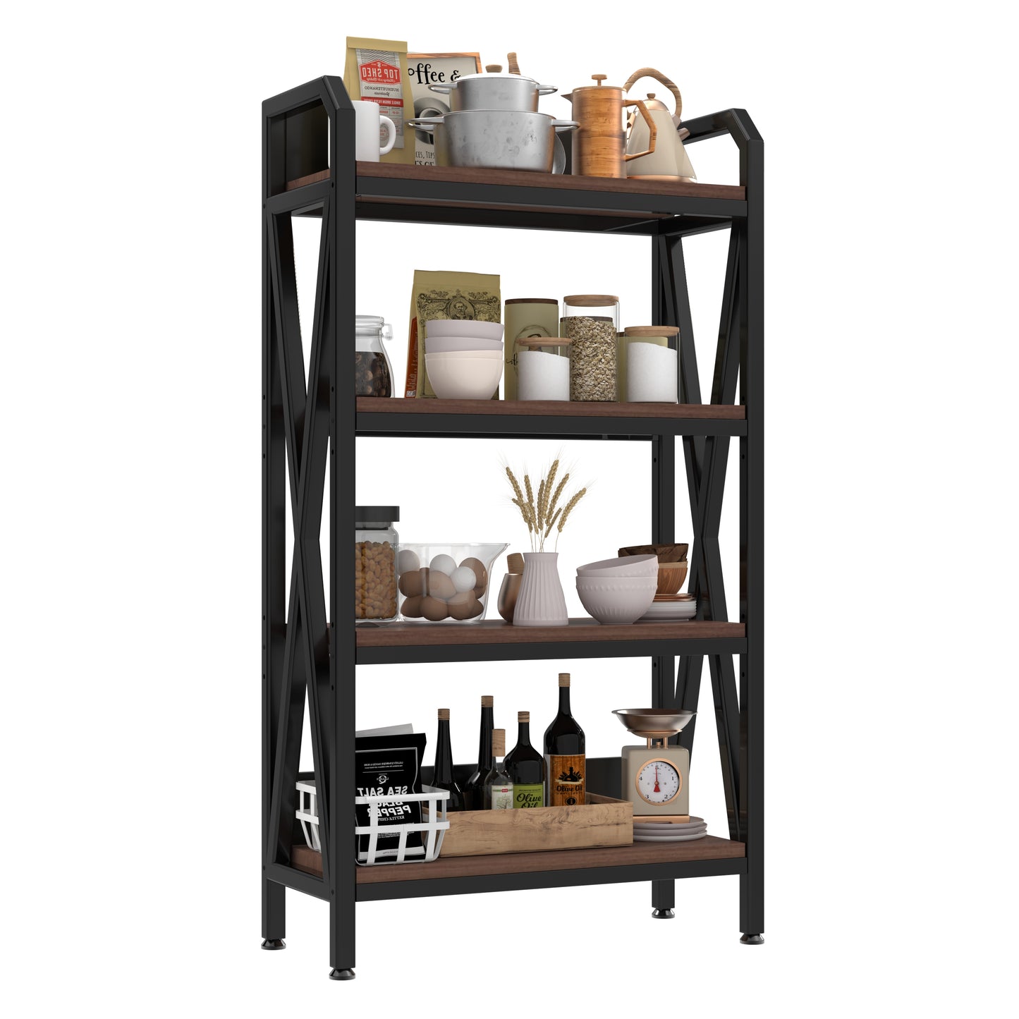 56.3'' Metal and Wooden Bakers Rack - 4-Level Kitchen Storage