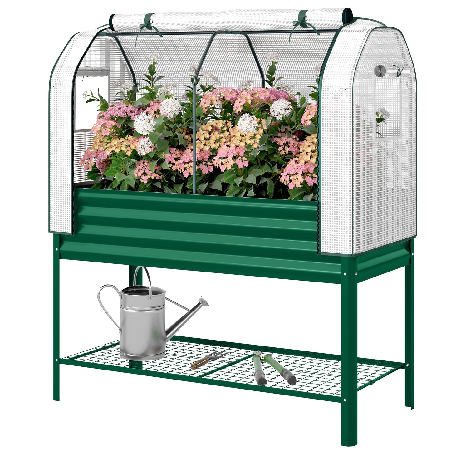 Galvanised Raised Garden Bed with Greenhouse Cover & Bottom Shelf - 1330x370x120mm