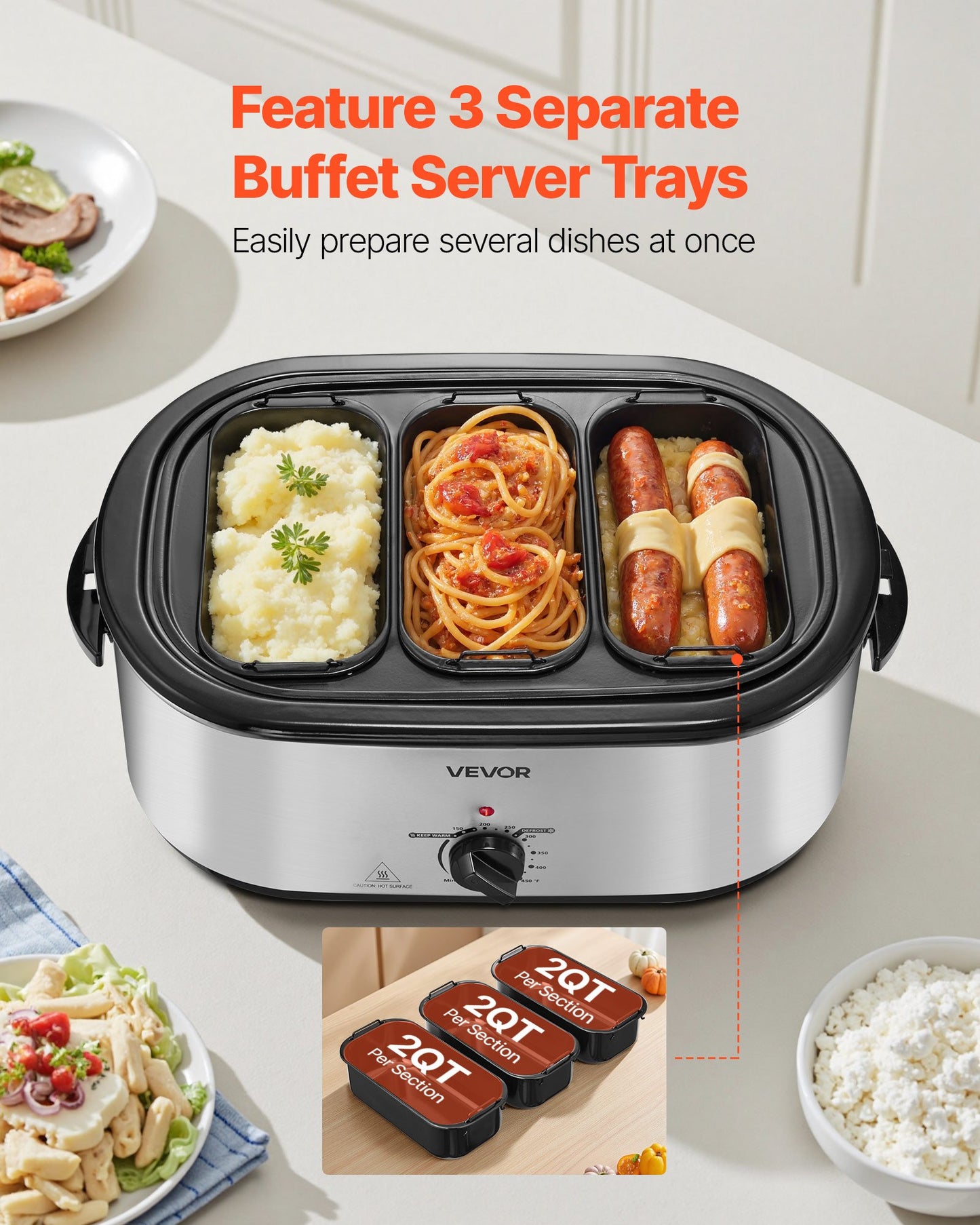 24QT Electric Roasting Pan with Buffet Server and 3-Section Tray - Silver Kitchen Appliance